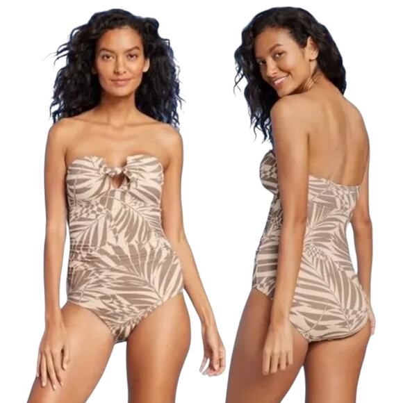 Kona Soul Pique Bandeau Strapless One Piece Swimsuit Tan Beige Medium - Picture 1 of 9